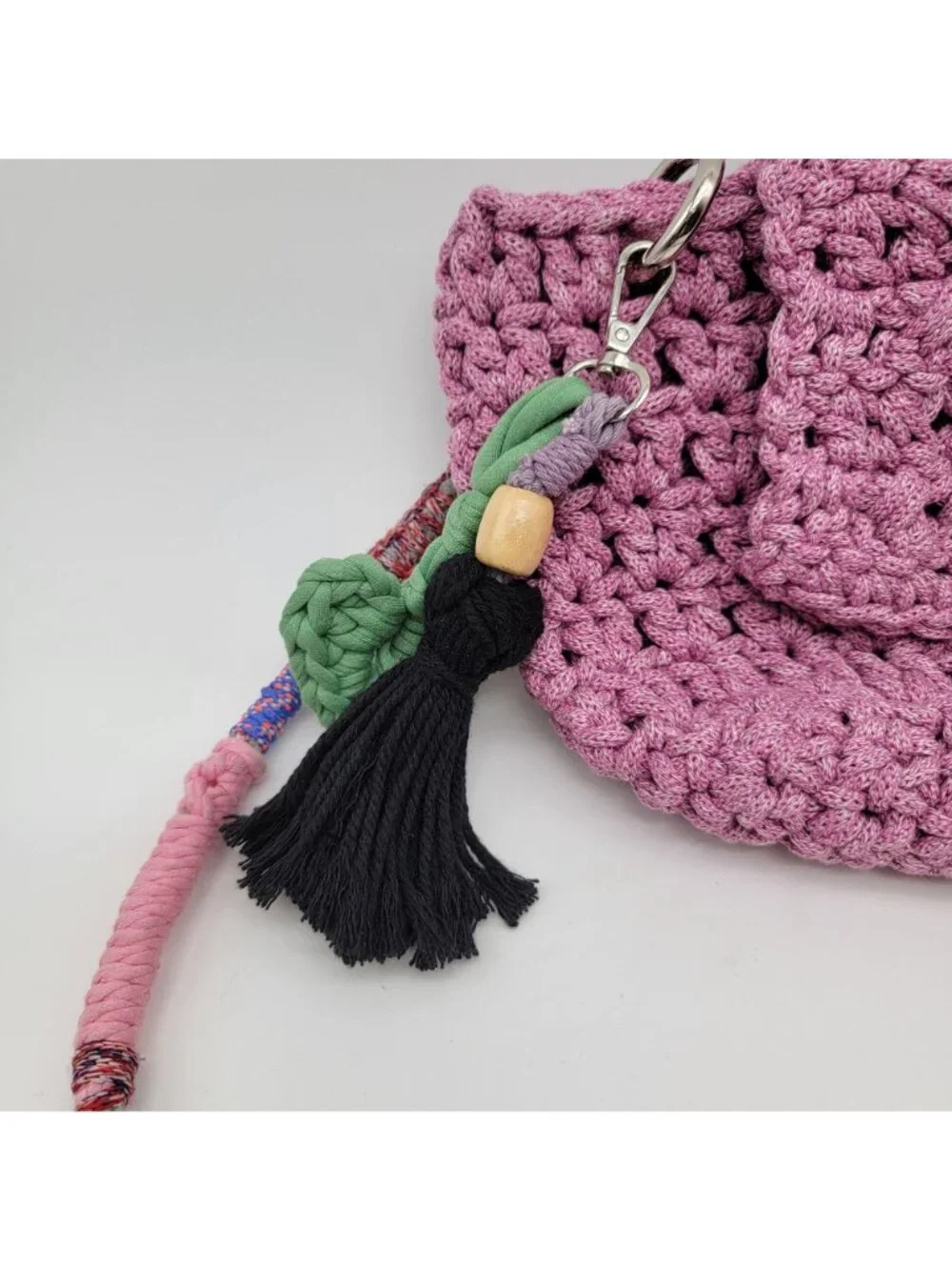 Handcrafted Shooci Crocheted Pink Shoulder Bag w/Yarn Wrap Strap & Tassel Accent - Picture 2 of 10